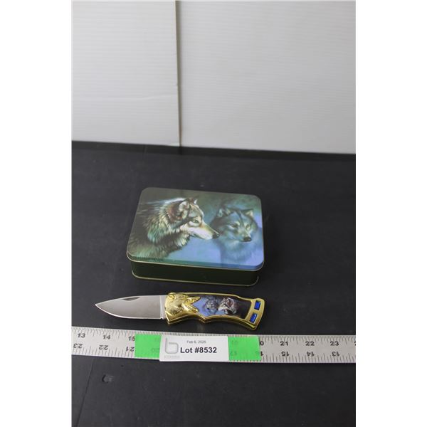 Wolf Style Gold Colored Pocket Knife & Storage Tin