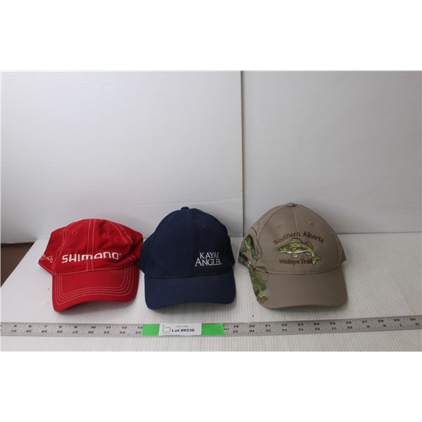 (3) Baseball Caps- Shimano, Kayak Angler, Southern Alberta Walleye Trail