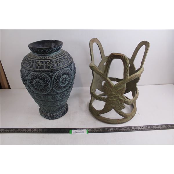Metal Decorative Flower Pot Holder 14" Tall 10" Dia, Ceramic Vase 14" Tall 9" Dia Approx - As is