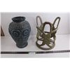 Image 1 : Metal Decorative Flower Pot Holder 14" Tall 10" Dia, Ceramic Vase 14" Tall 9" Dia Approx - As is