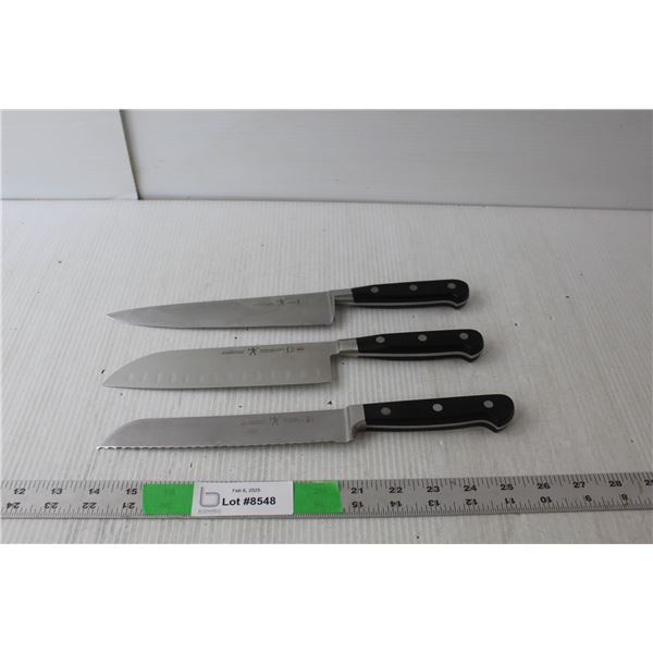 (3) J.A. Henckels Knives 8" Chef, 7" Santoku, 7" Bread Knife