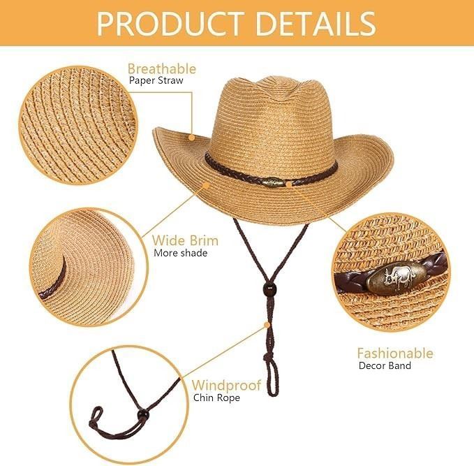 Western Cowboy Hat With String For Women Men Foldable Summer Sun ...