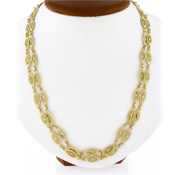 Estate 21K Yellow Gold Dual Fancy Navette Marquise Filigree Link Chain Necklace