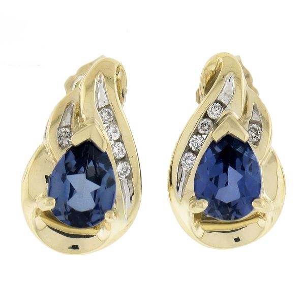 Estate 10K Gold Pear Blue Stone w/ 0.10 ctw Round Diamond Tear Drop Stud Earring