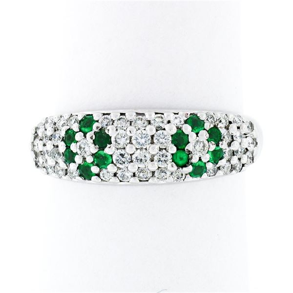 Fancy 18K White Gold 0.68 ctw Emerald Diamond Dome Bombe Flower Cluster Band Rin