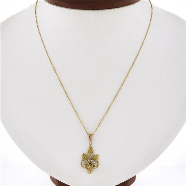 10K Gold Seed Pearl & Old Diamond Detailed Leaf Pendant w/ 14K Gold 18" Chain