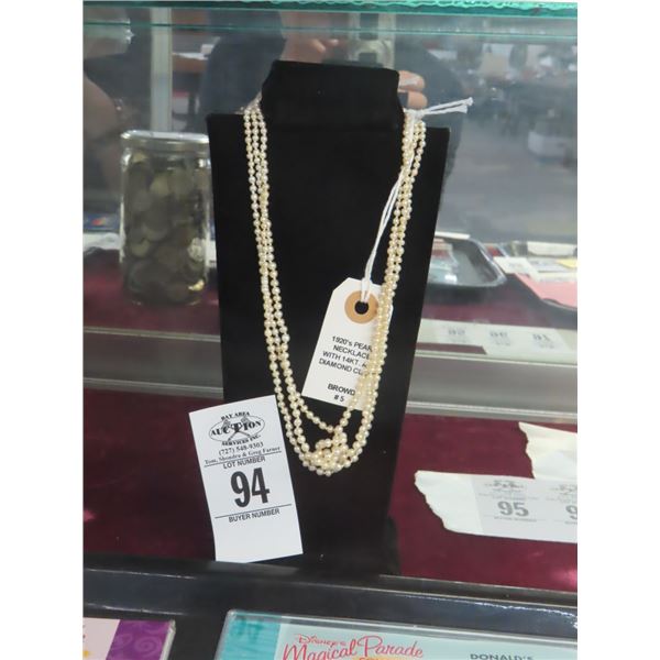 1920's Pearl Necklace w/14K/Daimond Clasp