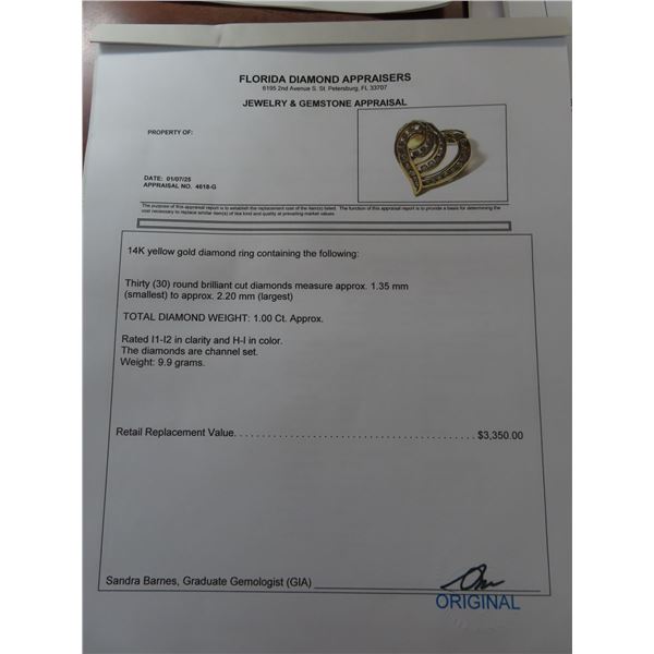 14K YG Diamond Heart Ring w/30 Round Cut Diamonds 9.9g - Replacement