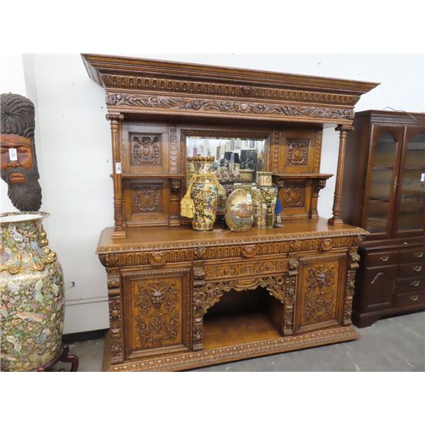 Ornately Carved Tiger Oak Back Bar