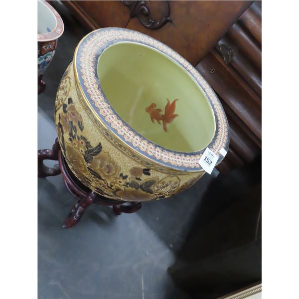 Large Oriental Fish Bowl w/Mahogany Pedestal