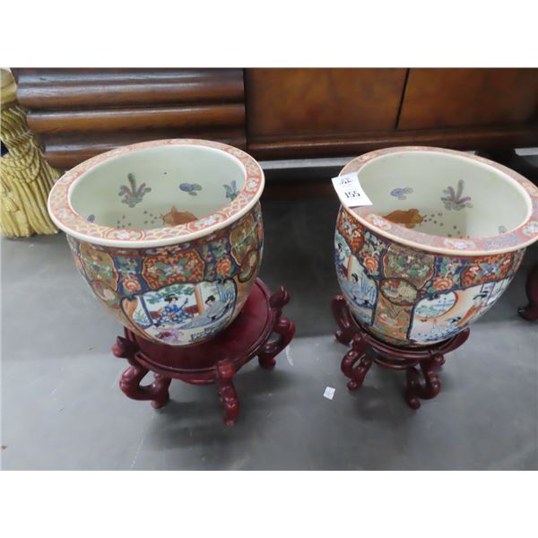 Small Oriental Fishbowls w/Mahogany Stands - 2