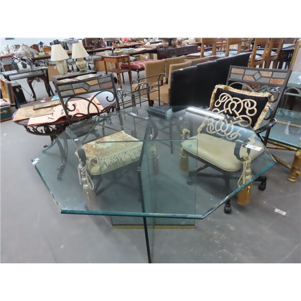 Glass Octangular Dining Table w/2 Rolling Tile Inlay Armchairs