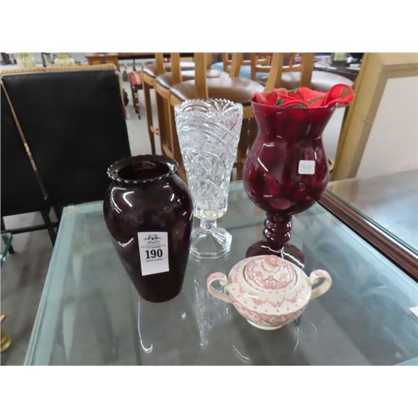 Pressed Glass, Red Color Vases, Lidded Compote