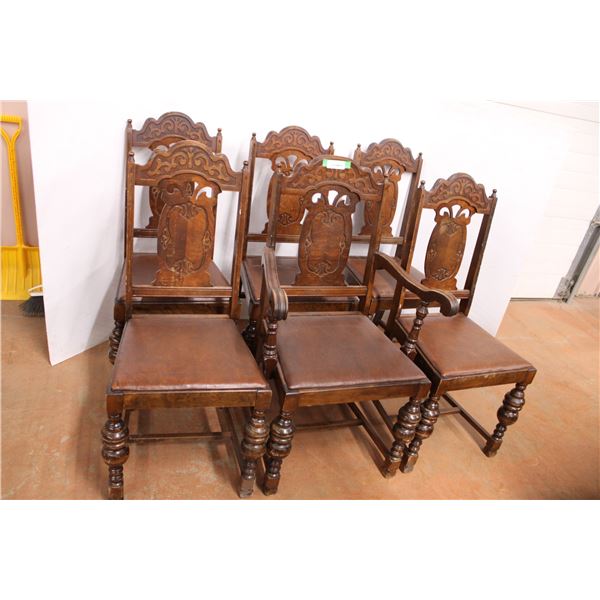 * (6) The Chesley Chair Co Brand Antique Jacobean Style Dining Chairs w/Leather Seats - Back Seat He