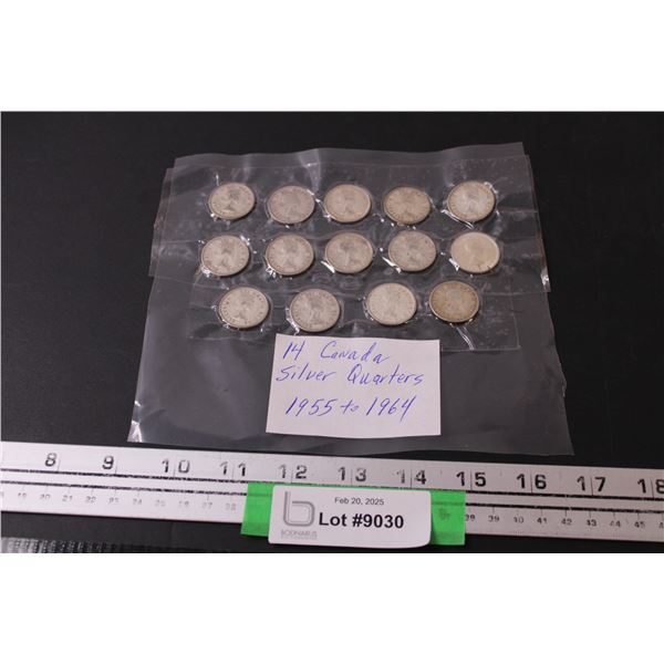 (14) Canadian Twenty Five Cent Silver Coins Collection - 1955-1964