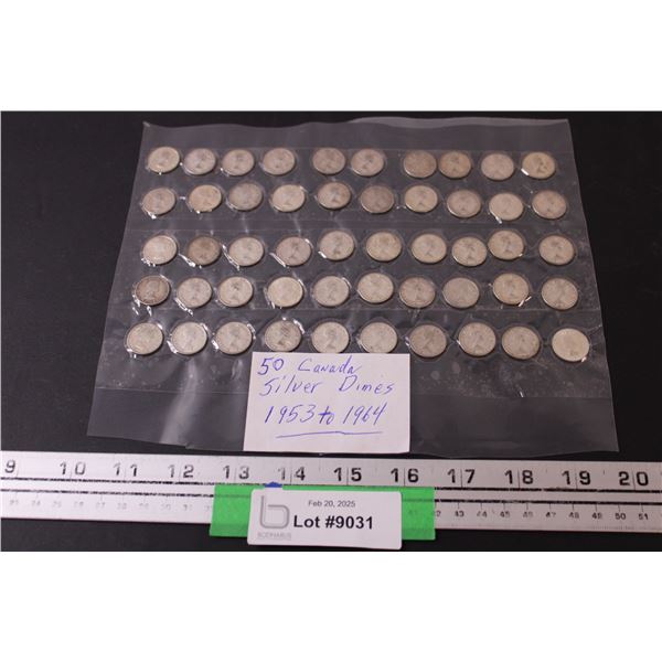 (50) Canadian Ten Cent Silver Coins - 1953-1964