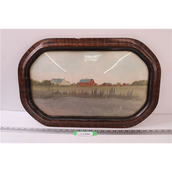 Vintage Convex Framed Rural Farm Scene - Some Wear, As Pictured - 23" x 15"