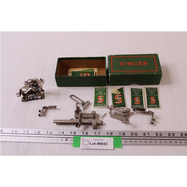 Antique Singer Sewing Machine Accessories: Sewing Foots, Button Hole, Needles, Misc. in Box