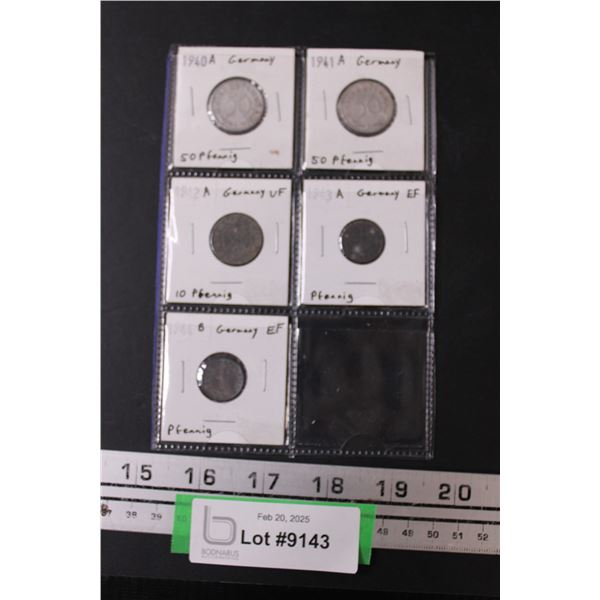 (5) German Third Reich/Nazi Coin: (1) 10 & (2) One & (2) 50 - Pfenning Coins - 1940-1944
