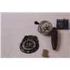 Image 2 : Lot: Mickey Mouse Bicycle Bell, Mother of Pearl Knife, Western Pins, Clock Acorn Weight, Misc.