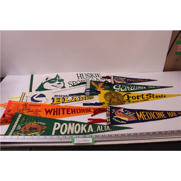 (8) Pennants: Ponoka AB, Medicine Hat AB, Fort Steele BC, Gardiner Dam SK, Prince Rupert BC, Huskie 