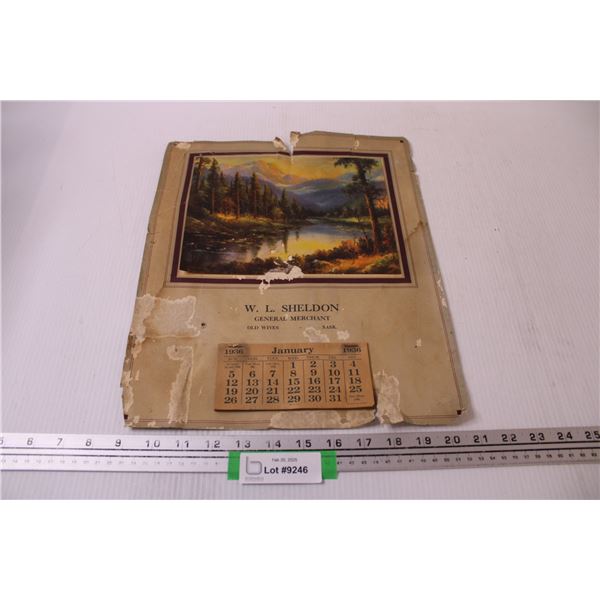 Vintage 1936 WL Sheldon Calendar, Old Wives, SK - 12" x 15" - Some Wear