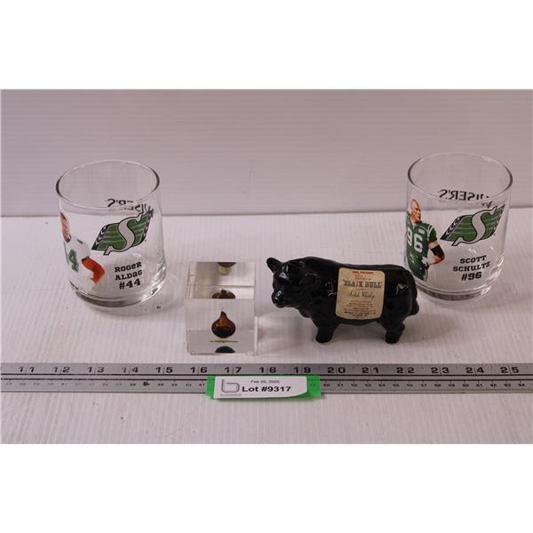 (2) Wieser's Whiskey Roughriders Glasses, "Black Bull" Whiskey Decanter, Albert Crude Oil Paper Weig