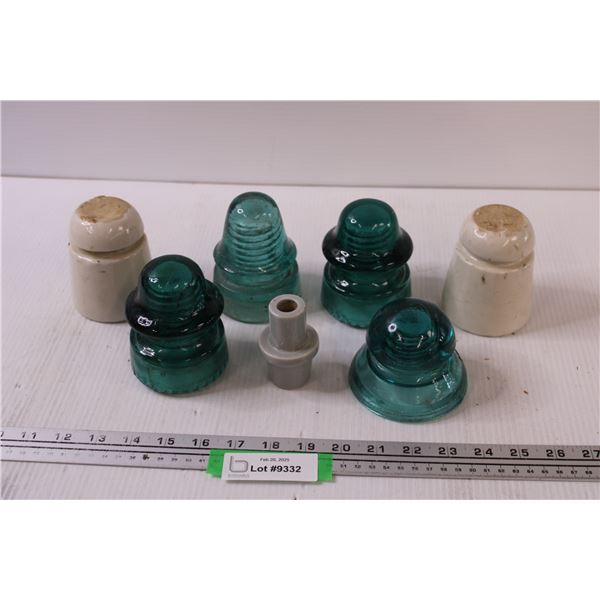 Glass & Ceramic Insulators: (4) Green & (2) White Cream & (1) Grey
