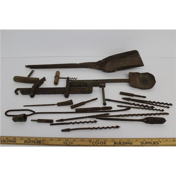 Vintage Tool Lot: Bar Clamp, Drill Bits, Soldering Iron, (2) Stove Shovels, Misc.
