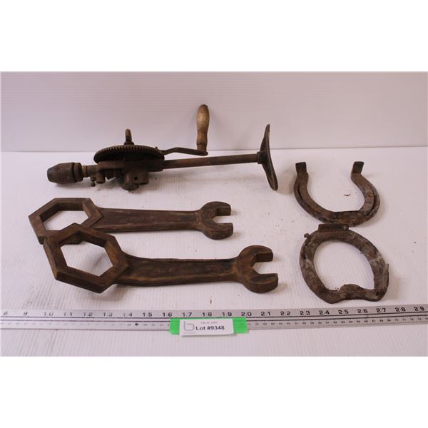 French Breast Drill, Horse Shoes, Vintage Farm Wrenches (2 3/4" Box End & 1 3/4" Open End)