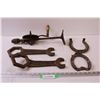 Image 1 : French Breast Drill, Horse Shoes, Vintage Farm Wrenches (2 3/4" Box End & 1 3/4" Open End)