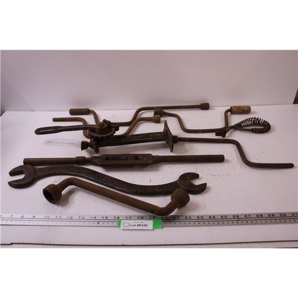 Vintage Tool Lot: Bolt Threading Tool, Wood Stove Lid Handle, Tire Irons, Misc.