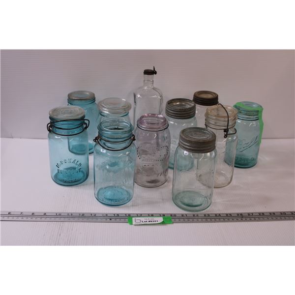 (10) Vintage Glass Canning Jars - Assorted Colors & Brands