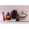 Image 1 : Brown Crock Jug, Little Brown Jug, Gas Replica Figurine, Sask Pool Coin Bank, Clear Antique Kerosene
