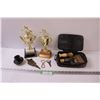 Image 1 : (2) Curling Trophies, Shaving Brushes, Vintage Bottle Openers, Telephone Speaker Piece