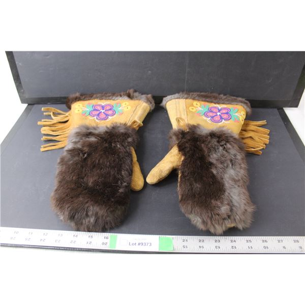 Beaded Moose Hide with Rabbit Fur Gauntlets 14.5" Long