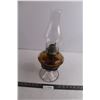 Image 1 : Vintage White Flame Oil Lamp with Glass Chimney and Half Full of Oil - 17" Tall with Chimney x 7.25"