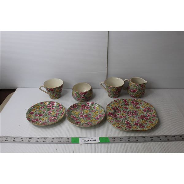 Lord Nelson Ware "Briar Rose" Flower Dish Set- (3) Plates, (2) Cups, Creamer, Sugar Dish