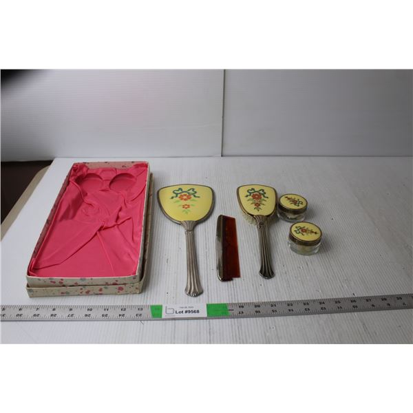 Vintage Toiletry Set- Comb, Brush, Mirror & (2) Glass Containers