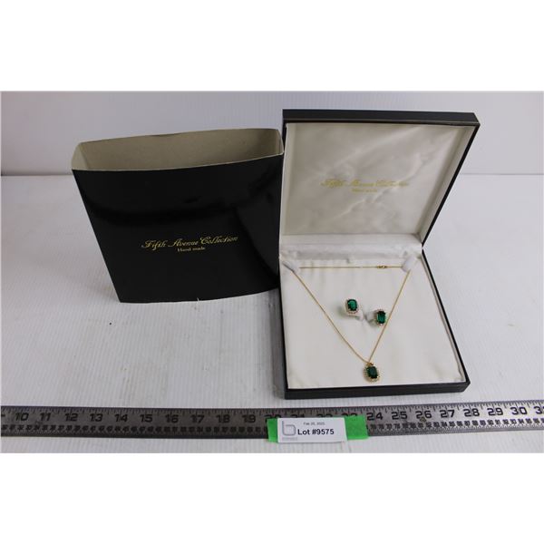 Fifth Avenue Collection Set of Handmade Green Jeweled Necklace & Earrings in Original Case