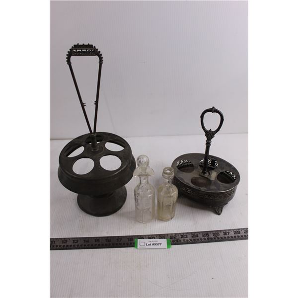 (2) Vintage Silver Plated Spice Caddies, (2) Vintage Glass Bottles - One Chipped