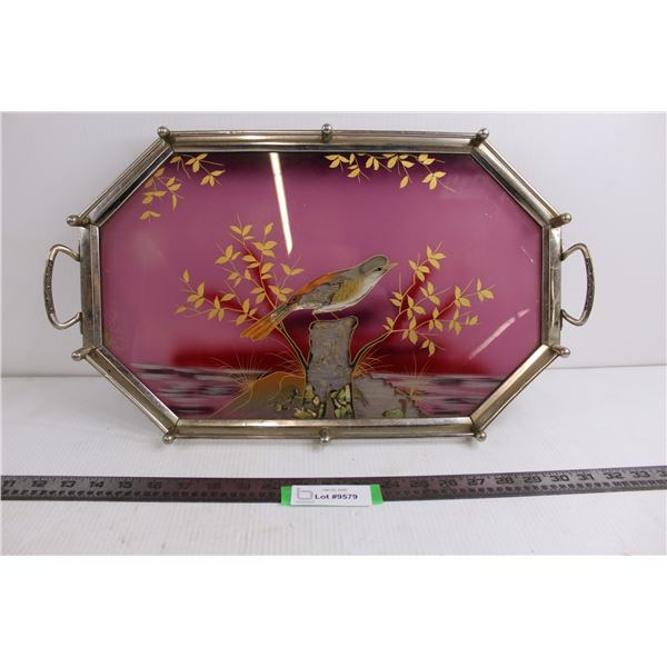 Vintage Wood & Glass Serving Tray - One Handle Loose