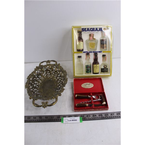 Vintage Decorative Metal Basket from Italy, Cutlass of England Set of Serving Amenities (Bottle Open