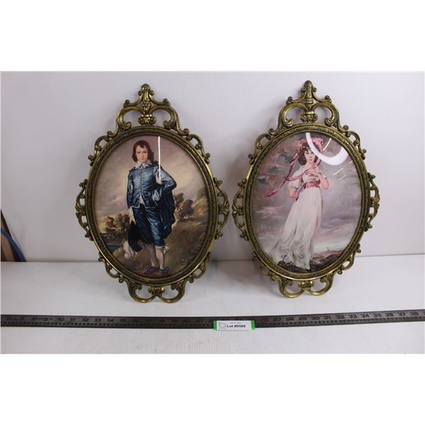 "Blue Boy & Pink Lady" French Renaissance Set of 2 Metal Framed Oval Glass Wall Art - 17" x 12"