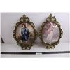 Image 1 : "Blue Boy & Pink Lady" French Renaissance Set of 2 Metal Framed Oval Glass Wall Art - 17" x 12"