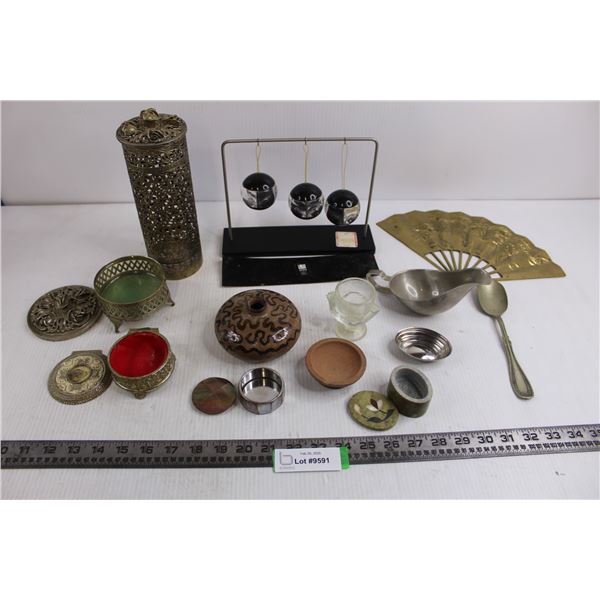 Assorted Mostly Vintage Items (Jewelry Boxes, Table Decor, Incense Candle, Egg Cup, Gravy Boat)