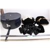 Image 1 : (3) Vintage Women's Headwear (2 Hats & Ribbon), Vintage Antler Round Suitcase 16" Dia x 8" High