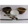 Image 1 : (2) Vintage Wooden Two-Handled Bowls with a Ceramic Bowl that Fits Inside, Set Serving Utensils