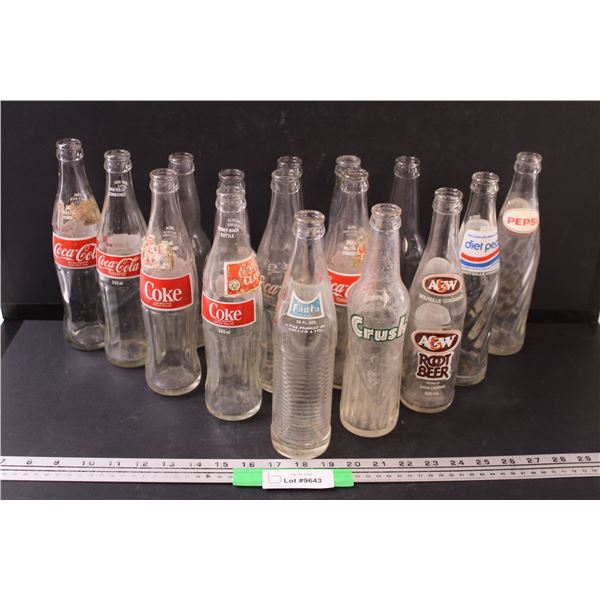 (16) Vintage Pop Glass Bottles: Coca Cola, Pepsi, Fanta, A & W, Crush, Misc.
