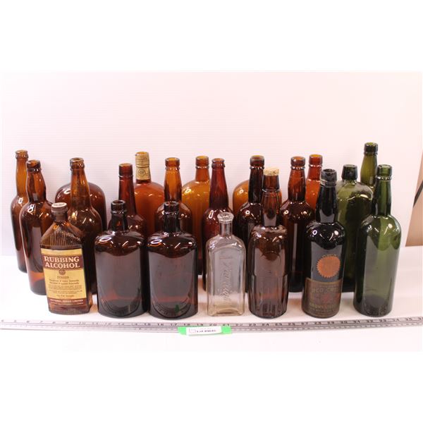 (21) Vintage Glass Bottles: Brown Liquor, Rawlings, Misc.